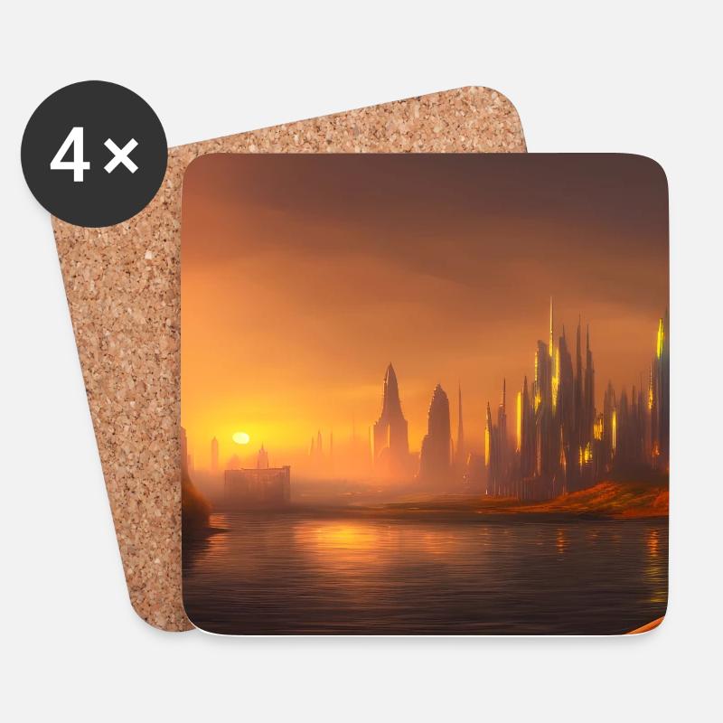 City skyline across the water at sunset - Untersetzer (4er-Set) - Weiß