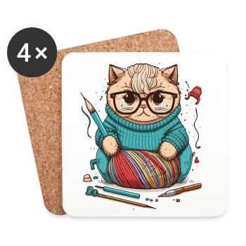 Chat à tricoter - Dessous de verre (lot de 4) - blanc - Devant