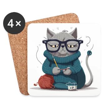 Strickende Katze - Untersetzer (4er-Set) - Weiß - Vorne