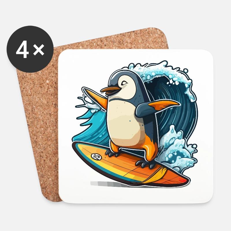 Pinguin Wave Rider - Untersetzer (4er-Set) - Weiß