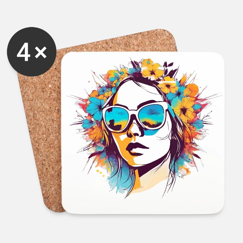 Bunte Blumenfrau - Untersetzer (4er-Set) - Weiß