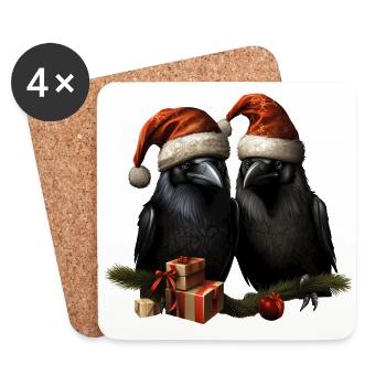 Weihnachtliche Raben Hugin und Munin mit Mützen - Untersetzer (4er-Set) - Weiß - Vorne