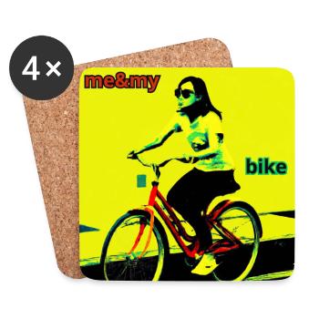 Woman riding bicycle - black and yellow background - Coasters (set of 4) - white - Front