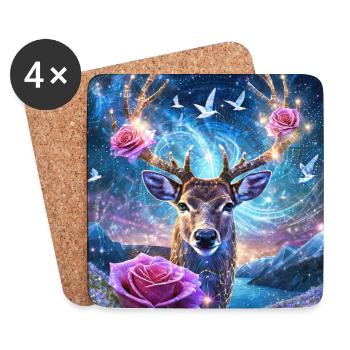 03 Magischer Hirsch Hirschkopf Rosen Blumen Berge - Untersetzer (4er-Set) - Weiß - Vorne