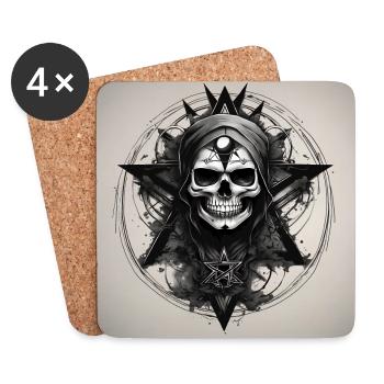 Crâne gris noir et blanc pentagramme - Dessous de verre (lot de 4) - blanc - Devant