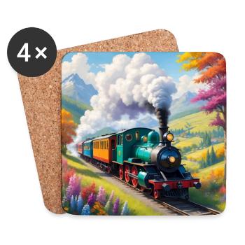 Train coloré avec locomotive à vapeur fumante - Dessous de verre (lot de 4) - blanc - Devant