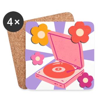 Retro Pick-up Vinyl Record Player with Flowers - Coasters (set of 4) - white - Front