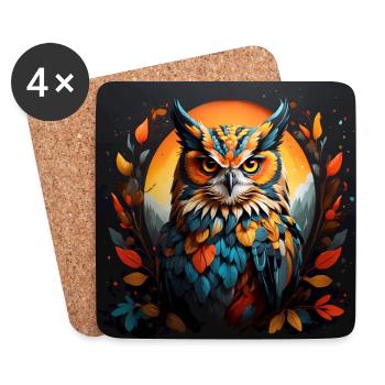 Cadre de feuille coloré de portrait de hibou coloré - Dessous de verre (lot de 4) - blanc - Devant