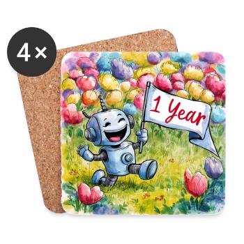1 Jahr 1. Geburtstag Roboter auf Blumenwiese - Untersetzer (4er-Set) - Weiß - Vorne