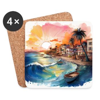 Vibrant Coastal Sunset Scene with Boats and Waves - Coasters (set of 4) - white - Front