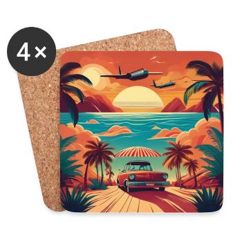 Vintage Beach Sunset with Red Car and Planes - Coasters (set of 4) - white - Front