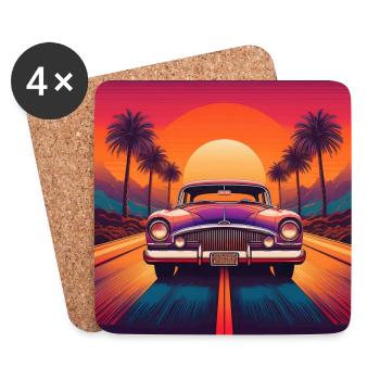 Retro Car at Sunset with Palm Trees - Coasters (set of 4) - white - Front