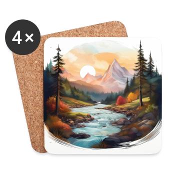 Serene Mountain Landscape with Flowing River Art - Coasters (set of 4) - white - Front
