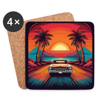 Retro Classic Car Sunset Drive Illustration - Coasters (set of 4) - white - Front