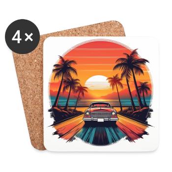 Retro Car Palm Sunset – Vintage Beach Drive Art - Coasters (set of 4) - white - Front