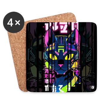Ver.2 - Cyborg Katze Neon Kanji - Untersetzer (4er-Set) - Weiß - Vorne