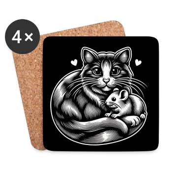 Katze und Maus in Freundschaft Frieden und Liebe - Untersetzer (4er-Set) - Weiß - Vorne