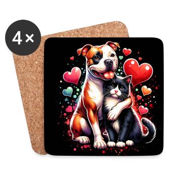 Staffordshire Terrier und Katze Liebe Freundschaft - Untersetzer (4er-Set) - Weiß - Vorne