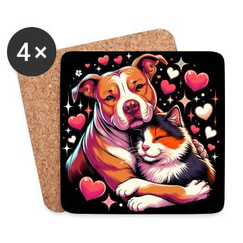 Staffordshire Terrier et chat Love Friendship - Dessous de verre (lot de 4) - blanc - Devant