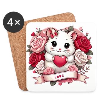 Hamster romantique avec des roses - Dessous de verre (lot de 4) - blanc - Devant