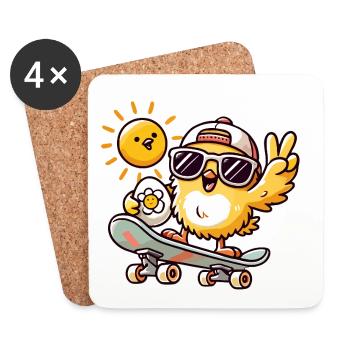 Poussin sur le skateboard - Dessous de verre (lot de 4) - blanc - Devant