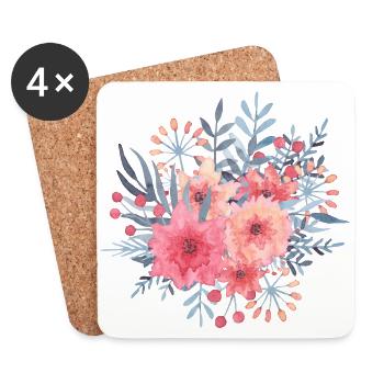Floral pink bouquet - Rose flowers watercolor - Coasters (set of 4) - white - Front