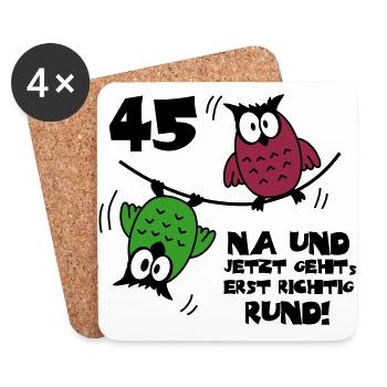 45. Geburtstag - Eulen "na und" - Untersetzer (4er-Set) - Weiß - Vorne