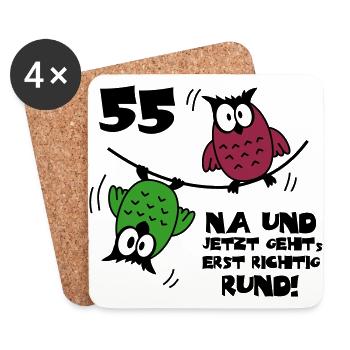 55. Geburtstag - Eulen "na und" - Untersetzer (4er-Set) - Weiß - Vorne