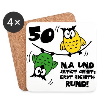 50 Birthday, Owl on the wire rope, round - Coasters (set of 4) - white - Front
