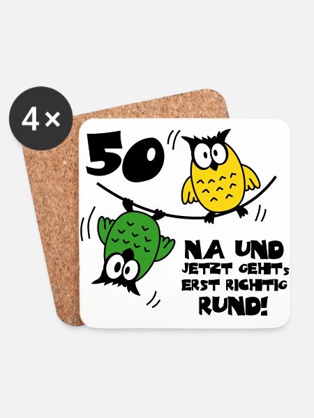 Geburtstag 50, Eulen am Drahtseil, rund - Untersetzer (4er-Set) - Weiß