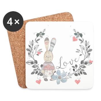 Kaninchen Blumen | Herzen Hase | Valentinstag - Untersetzer (4er-Set) - Weiß - Vorne