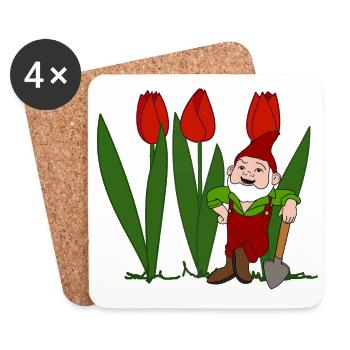 Garden gnome, tulips, spring, garden - Coasters (set of 4) - white - Front