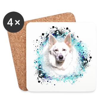 white shepherd dog,husky,shepherd dog,painting,blue - Coasters (set of 4) - white - Front