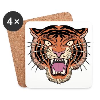 Traditioneller Tattoo Tigerkopf mit offenem - Untersetzer (4er-Set) - Weiß - Vorne