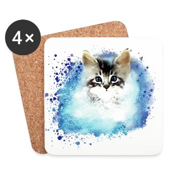 chat ,illustration ,bleu,aquarelle, chat - Dessous de verre (lot de 4) - blanc - Devant