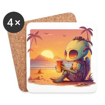 Alien buvant de la bière au coucher du soleil - Dessous de verre (lot de 4) - blanc - Devant