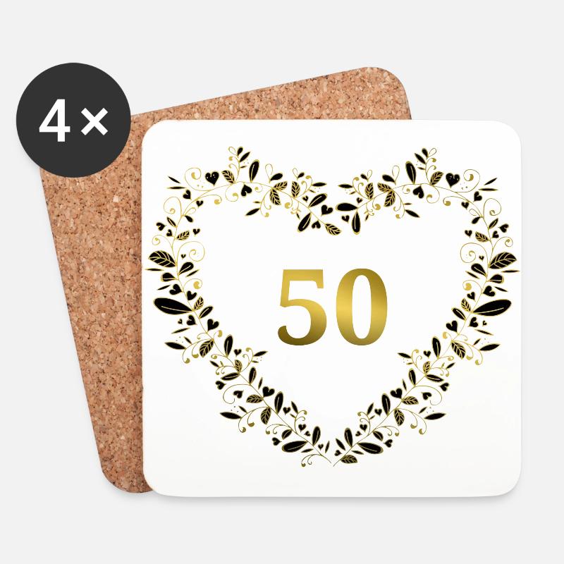 50. Jubiläum, Geburtstag oder Jahrestag - Herz - Untersetzer (4er-Set) - Weiß