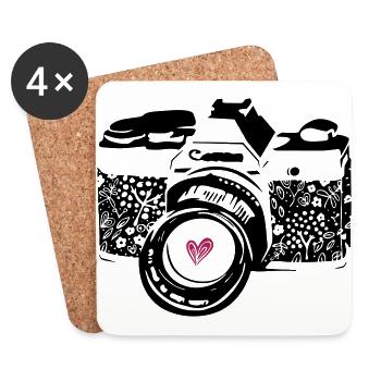 Appareil photo noir avec des fleurs - Dessous de verre (lot de 4) - blanc - Devant