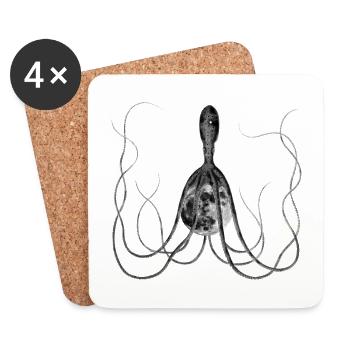 Octopus, Octopus with Moon, Surreal Vintage Artwork - Coasters (set of 4) - white - Front