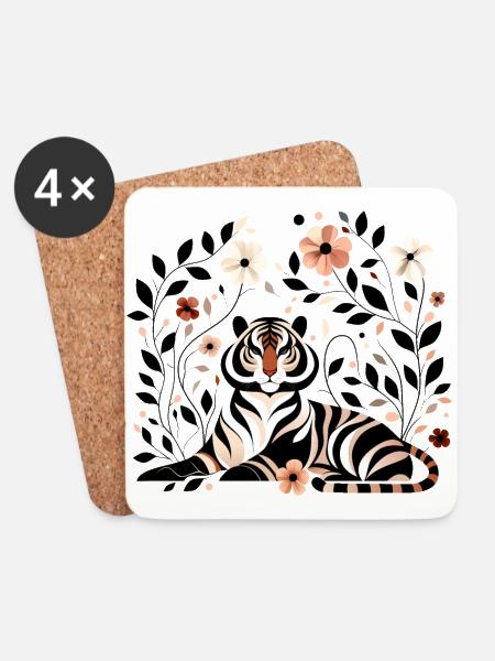 Floraler Tiger - Untersetzer (4er-Set) - Weiß