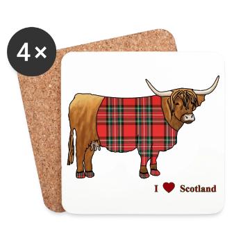 Scottish Highland Cattle, Tartan, - Coasters (set of 4) - white - Front