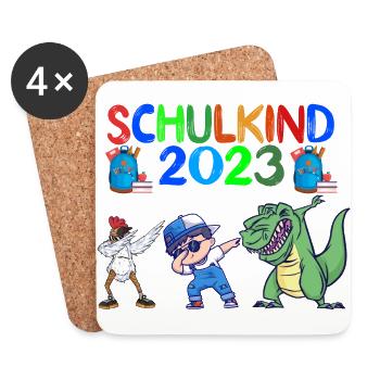 Schulkind 2023 Junge Dabbing mit Dino und Huhn - Untersetzer (4er-Set) - Weiß - Vorne