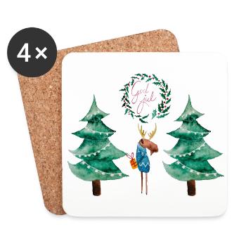 Fröhliche Weihnachten I Elch mit Geschenk - Untersetzer (4er-Set) - Weiß - Vorne
