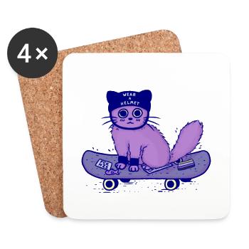 Skateboard Katze "Wear a Helmet" - Untersetzer (4er-Set) - Weiß - Vorne