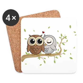 Hiboux de bande dessinée amoureux - Dessous de verre (lot de 4) - blanc - Devant