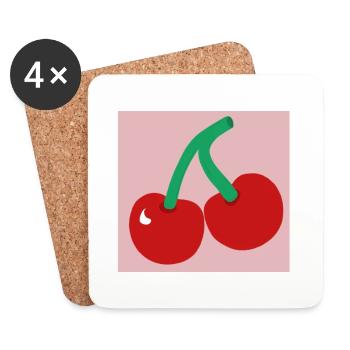Cerises dans un carré rose - Dessous de verre (lot de 4) - blanc - Devant