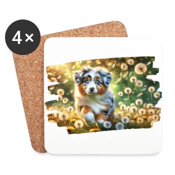 Playful Australian Shephe puppy on a dandelion meadow - Coasters (set of 4) - white - Front