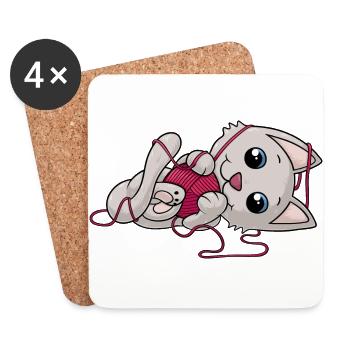 chat bande dessinée douce - Dessous de verre (lot de 4) - blanc - Devant
