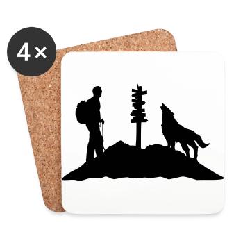 Wandern, Wanderer, Wolf und Berg - Untersetzer (4er-Set) - Weiß - Vorne