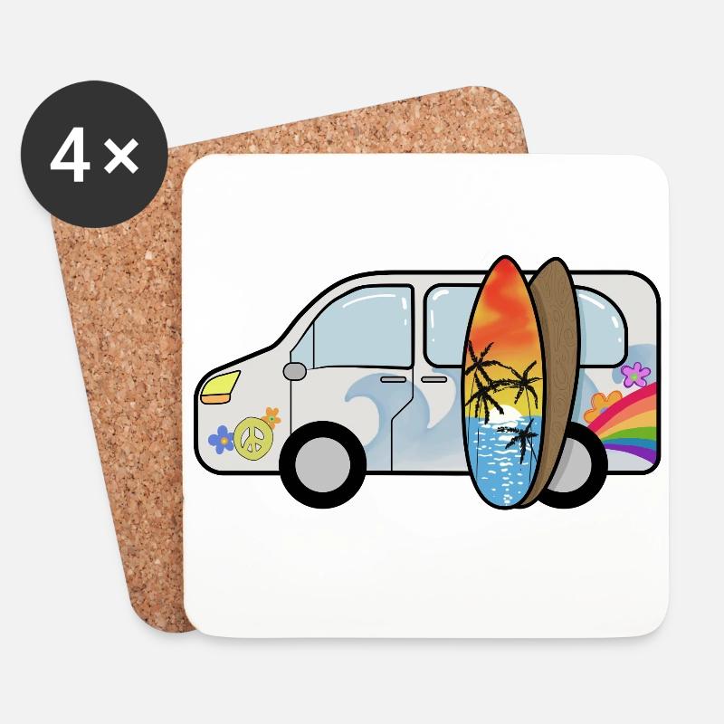 Camping bus avec planches de surf surfeurs vacances d'été - Dessous de verre (lot de 4) - blanc